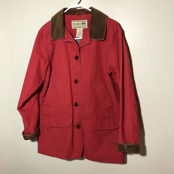 LL Bean womens red canvas chore jacket barn coat sz M corduroy collar cuffs - Picture 1 of 12